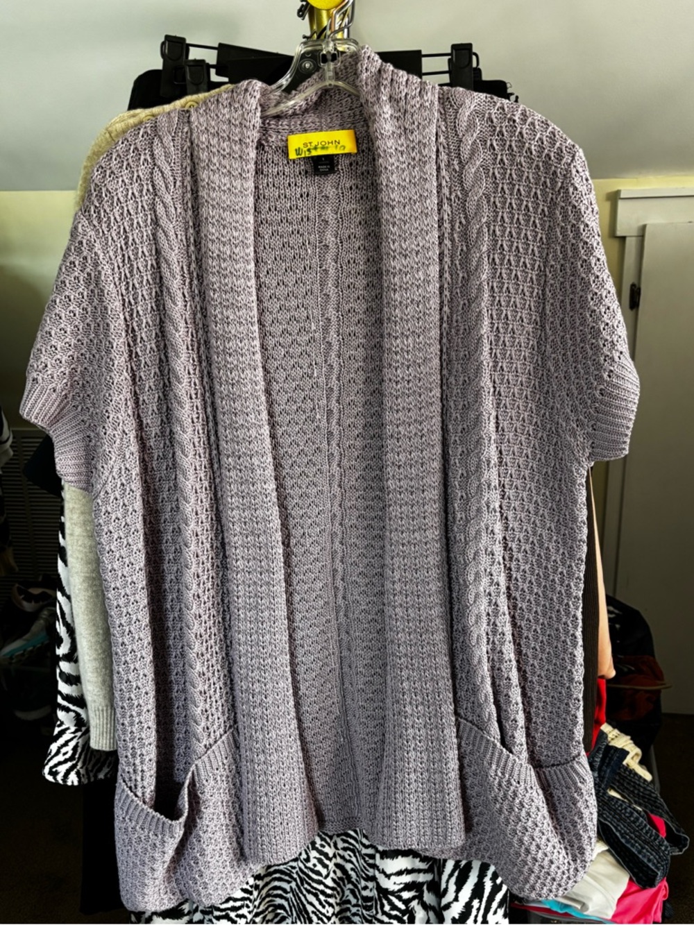 St. John Wisteria Lavender Open-Front Short-Sleeve Knit Cardigan Sz XL